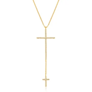 Halskette 2 Kreuze mit Diamanten, 18 Karat Gelbgold-LEAF New