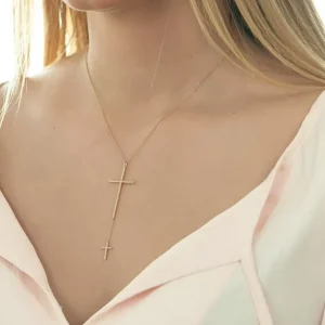 Halskette 2 Kreuze mit Diamanten, 18 Karat Gelbgold-LEAF New