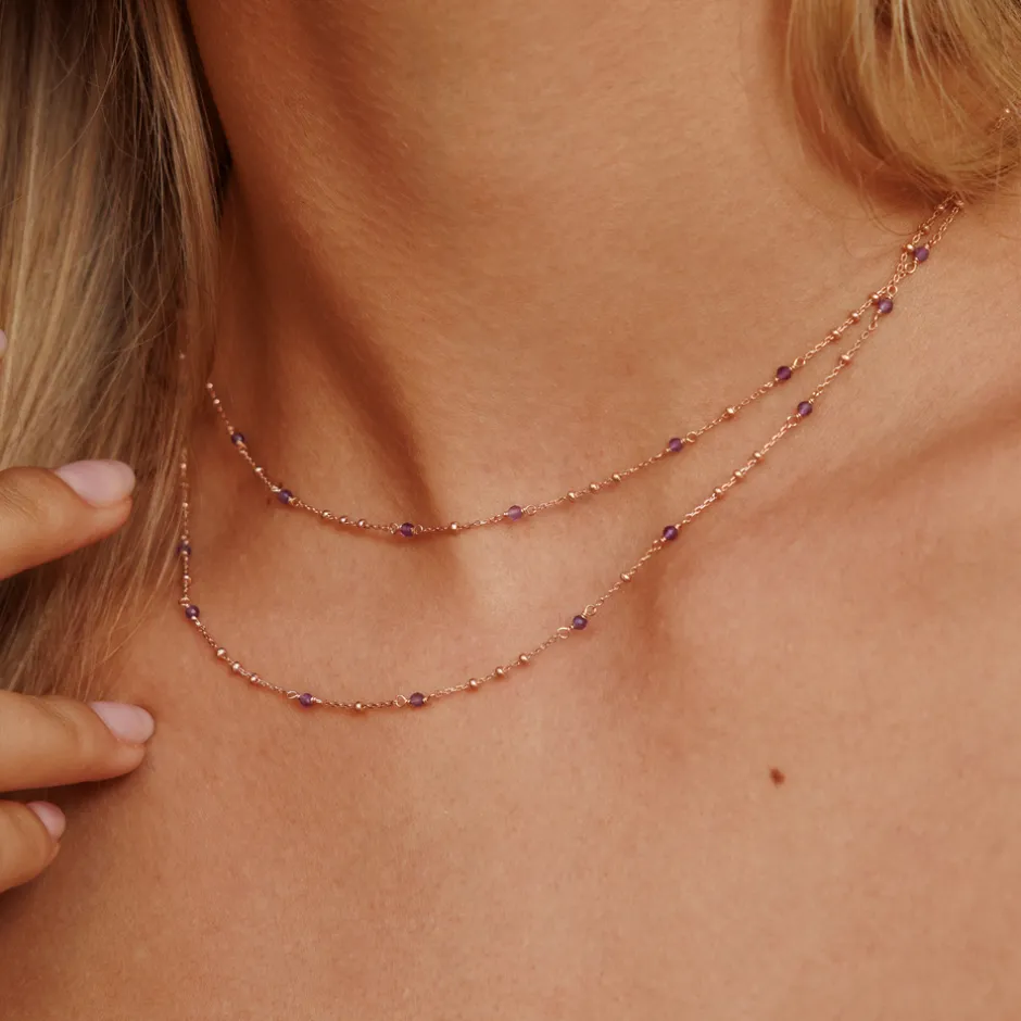 halskette_flying_gems_ame_1-2.webp Halskette Flying Gems, Amethyst, 90cm, 18 Karat Rosegold vergoldet-LEAF Fashion