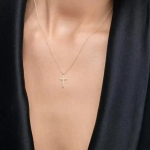 Halskette Kreuz mit Diamanten, 18 Karat Gelbgold-LEAF Fashion