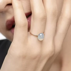Ring Cabochon II, 14 Karat Rosegold, Sea Blue Chalzedon-LEAF Best