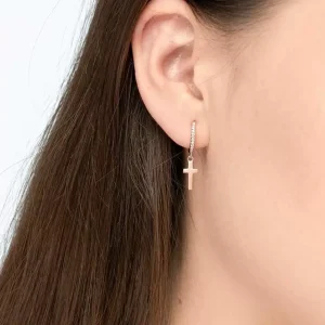 Single Creole CROSS/Zirkonia, 18 K Rosegold vergoldet-LEAF Fashion