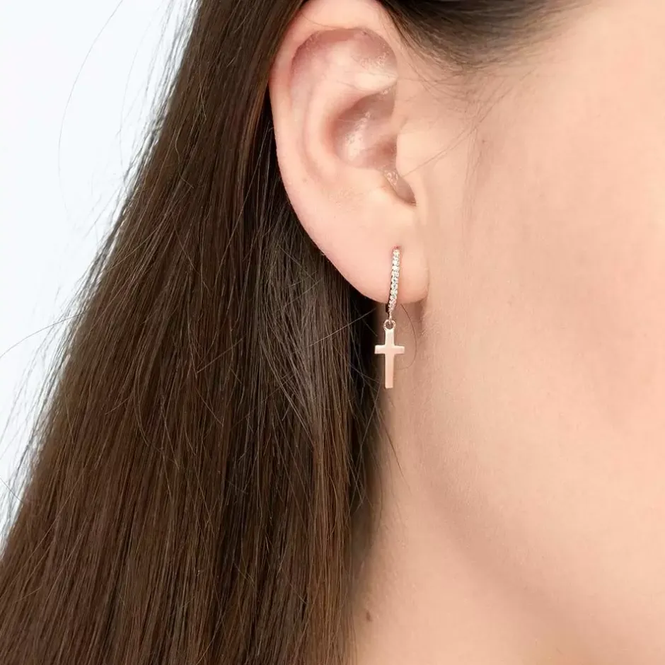 single_creole_crosszirkon_1-2.webp Single Creole CROSS/Zirkonia, 18 K Rosegold vergoldet-LEAF Fashion