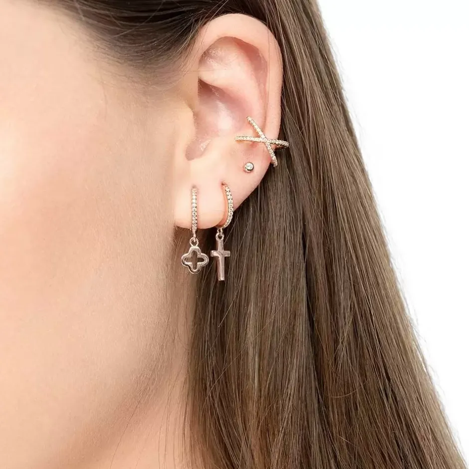 single_creole_crosszirkon_3.webp Single Creole CROSS/Zirkonia, 18 K Rosegold vergoldet-LEAF Fashion