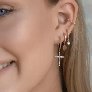 Single Creole SPARKLE CROSS, 18 K Rosegold vergoldet-LEAF Hot